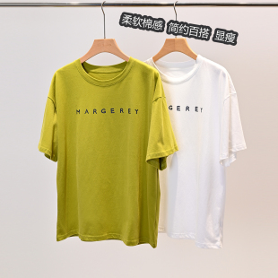 100棉简约字母印花圆领宽松短袖 春夏纯棉宽松百搭休闲上衣 T恤女