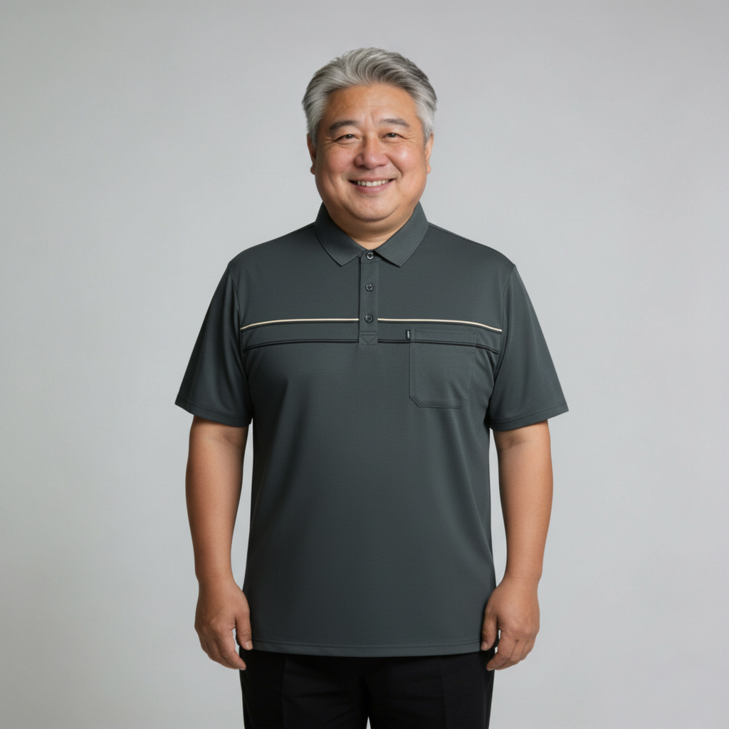 中老年爸爸男士短袖夏季男装加肥加大码翻领条纹T恤胖子口袋薄棉