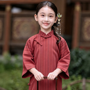 叙罗儿童旗袍秋季新中式条纹连衣裙女孩民国风长袍女童中式礼服