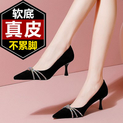 舒适软皮真皮女鞋中跟水钻单鞋女气质百搭小跟黑色时尚职业高跟鞋