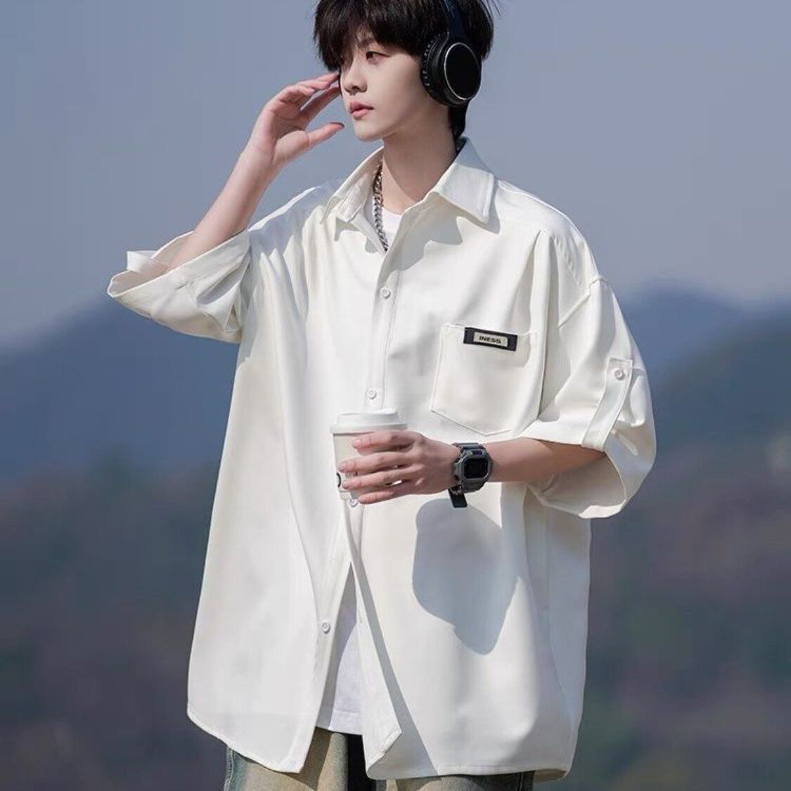 出游季中性风港风黑色衬衫上新外套男夏季沙滩穿搭纯色短袖薄款