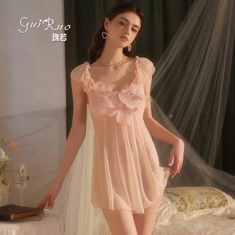 瑰若品牌内衣大码性感加胸垫甜美轻奢网纱睡裙套装a5171