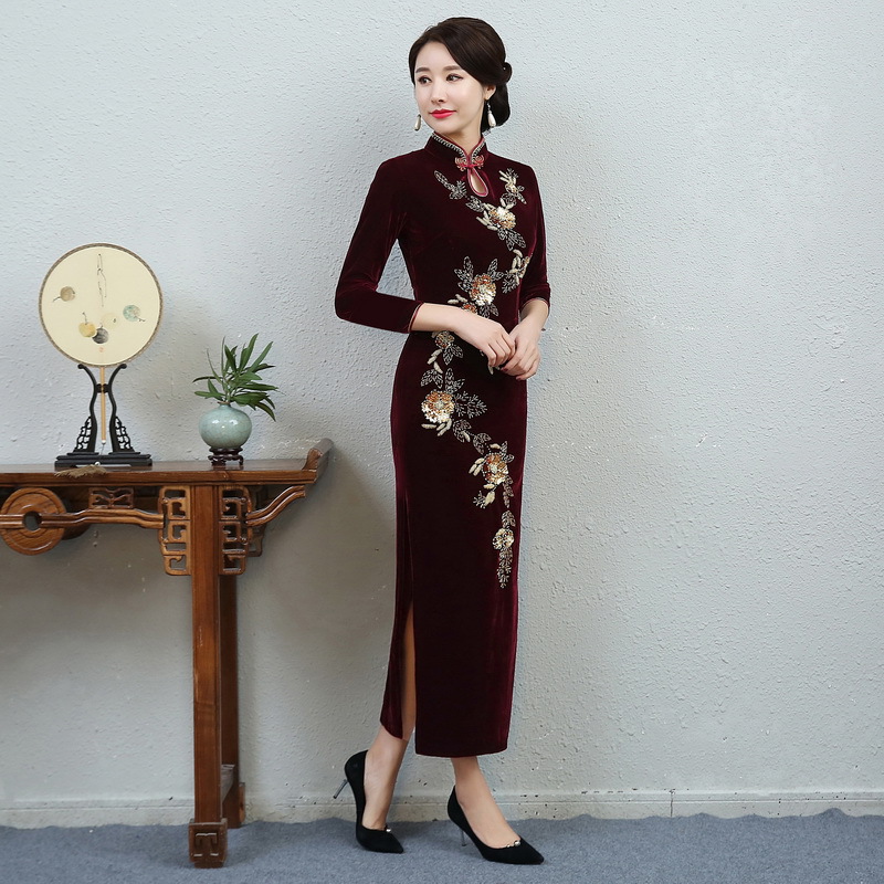 加绒加厚秋冬丝绒旗袍长款礼服宴会改良复古气质喜婆婆妈妈连衣裙