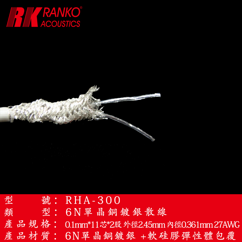 美国RANKO龙格RHA-300 6N单晶铜镀银耳机散线两芯加屏蔽过机27AWG