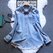 25春新款 高级贝壳钉珠领设计毛边领宽松衬衫 上衣复古蓝牛仔外套女