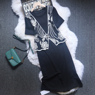 欧洲站2025夏装洋气镂空花马甲假二件设计连衣裙中长款短袖T恤裙