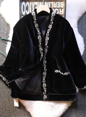 金丝绒棉服女V领钉珠棉袄开衫厚