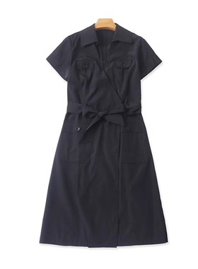 工装气质短袖连衣裙 法式夏季新款腰带收腰翻领中长款衬衫裙16474