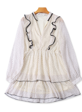 雪纺V领点点连衣裙 夏季新长袖中长款女套头A字甜美显瘦裙子17112