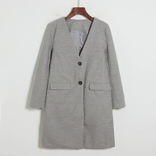 长袖 纽扣开衫 外套休闲上衣23384 毛呢大衣女秋冬新款 外贸V领中长款