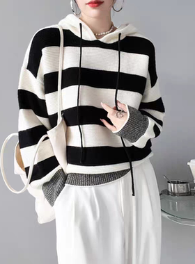 羊毛连帽加厚条纹毛衣 秋冬新款时尚女套头针织帽衫保暖上衣02072