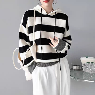 羊毛连帽加厚条纹毛衣 秋冬新款时尚女套头针织帽衫保暖上衣02072