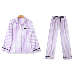 缎面条纹长袖衬衫+松紧腰长裤子春夏气质男女家居服两件套装14204