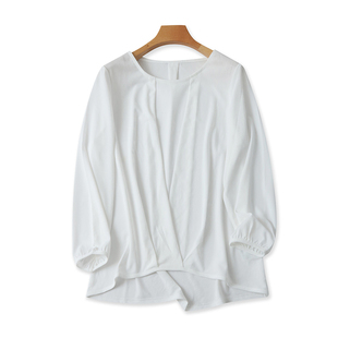 宽松休闲衬衣 圆领套头长袖 上衣 雪纺收褶衬衫 新款 女士春季