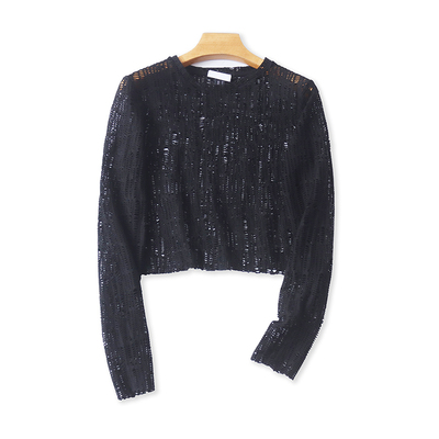 外贸圆领镂空小衫 夏季新款T恤罩衫 女长袖套头显瘦宽松上衣11313