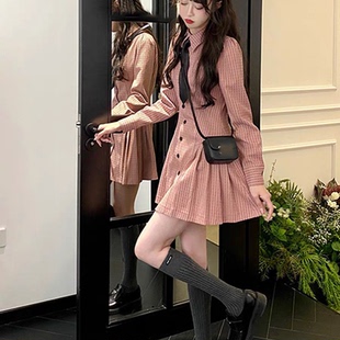 辣妹学院风翻领竖条纹连衣裙春秋新款 女收腰A字裙子05092 长袖 时尚