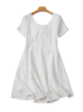 人棉V领露背连衣裙 夏季显瘦中长款短袖A字裙百搭时尚女裙子07132