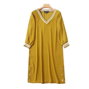 新款 女士夏季 九分袖 宽松休闲 2底 V领拼接中长款 套头裙子X 连衣裙
