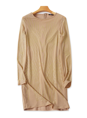 圆领网纱亮钻连衣裙 春夏季新款长袖修身女百搭显瘦中长款裙06494