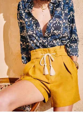 复古系带休闲短裤 夏季新款百搭时尚宽松外穿阔腿女口袋裤子18262