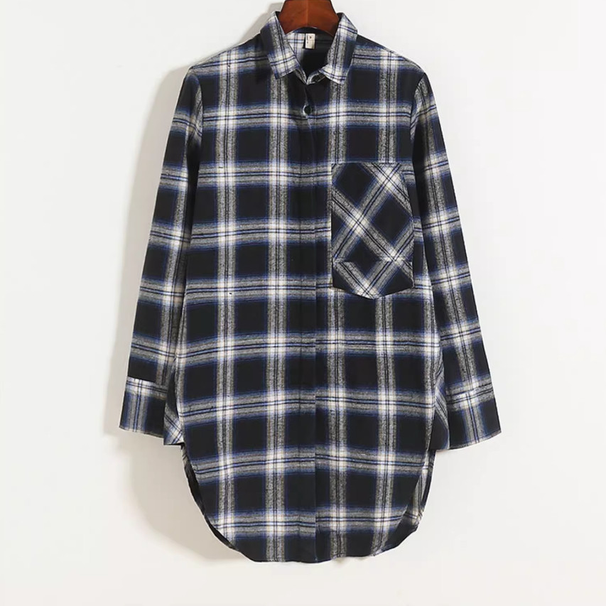 翻领中长款格子衬衣 秋季新款纽扣开衫 女宽松长袖衬衫 上衣10503