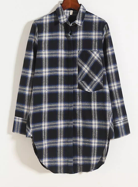 翻领中长款格子衬衣 秋季新款纽扣开衫 女宽松长袖衬衫 上衣10503