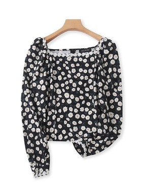 方领小雏菊钩花衬衫 夏季新款长袖短款宽松打底外贸女士上衣12291