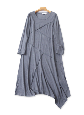 外贸圆领拼接长袖连衣裙 春夏新款长款女装套头宽松休闲裙子23262