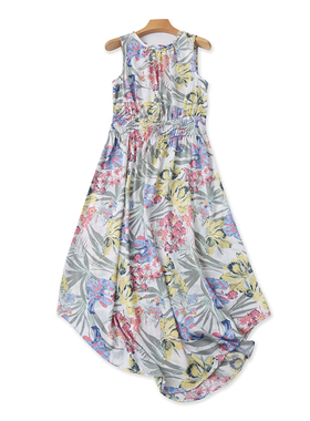 仿真丝圆领碎花无袖连衣裙夏新款百搭收腰外贸长款背心裙子 23424