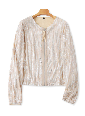 外贸圆领珠片外套 春夏季新款长袖拉链开衫宽松休闲女装上衣14304