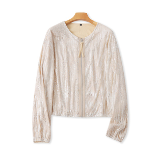 外贸圆领珠片外套 春夏季新款长袖拉链开衫宽松休闲女装上衣14304