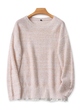 圆领蕾丝亮丝针织衫 春秋新款长袖显瘦T恤打底衫 女毛衣上衣20514