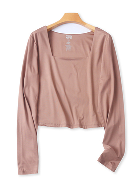 方领短款长袖T恤衫 春秋新款百搭显瘦体恤 女打底衫修身上衣12193