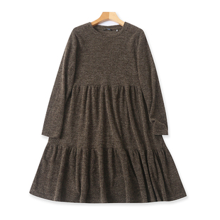 针织显瘦中长款 春秋款 荷叶边女套头裙子15194 连衣裙 外贸圆领长袖