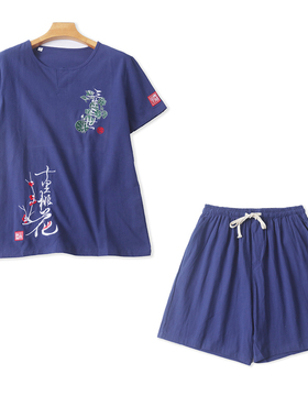 棉麻文艺风刺绣绣花T恤衫夏装新款松紧腰男短裤运动休闲套装18513