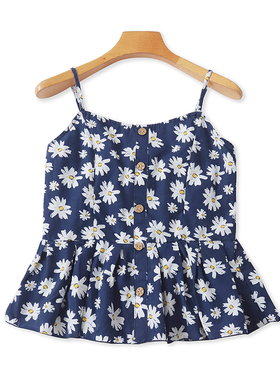 外贸碎花吊带衫 夏季新款A字显瘦宽松休闲背心T恤女百褶上衣19402