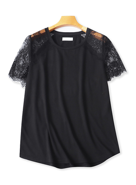 短袖圆领蕾丝钩花T恤衫 夏季新款显瘦外贸时尚女打底衫上衣 15493
