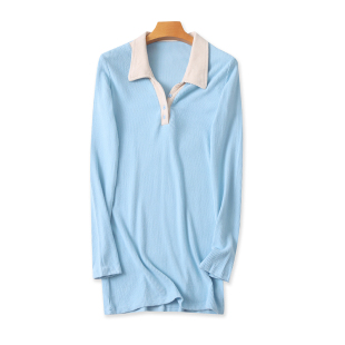 翻领拼色针织连衣裙 春秋新款修身弹力百搭女装短款长袖裙子23013