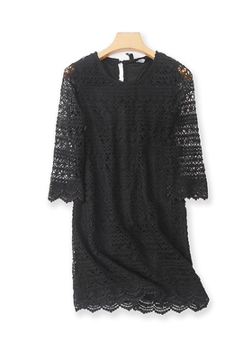 圆领钩花连衣裙 夏季新款外贸镂空显瘦女中长款裙 百搭裙子D/11-4