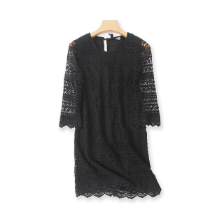 外贸镂空显瘦女中长款 新款 裙 百搭裙子D 圆领钩花连衣裙 夏季