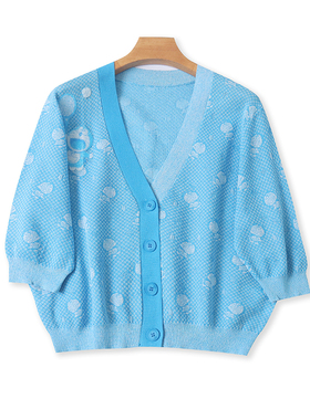 V领纽扣中袖开衫春秋新款印花卡通针织衫宽松短款打底衫上衣22292