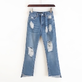 春秋新款 高腰显瘦毛边乞丐裤 女微喇叭裤 破洞牛仔九分裤 子 11503