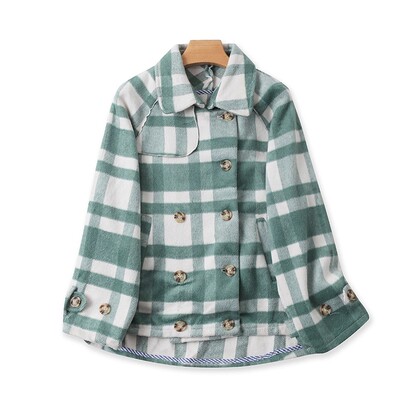 外贸格子翻领毛呢短外套时尚大衣