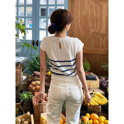 法式条纹针织短袖T恤衫 夏季弹力打底衫女修身时尚气质上衣 17084