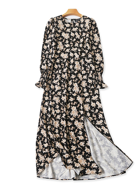 碎花圆领长款连衣裙 春夏季新款开叉裙 百搭显瘦女外贸裙子 05044