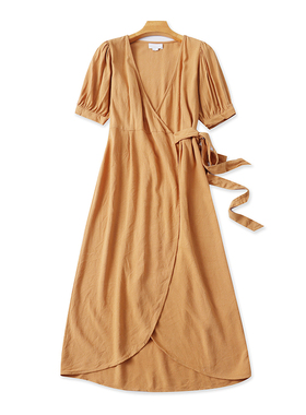 外贸V领短袖连衣裙 夏季新款棉麻系带收腰A字裙时尚长款裙子17333