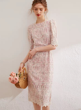 法式圆领刺绣镂空连衣裙 春夏新款A字裙气质长款系带女裙子 16274