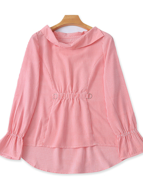 一字领条纹长袖衬衫 春夏季新款时尚套头小衫喇叭袖女装上衣21184