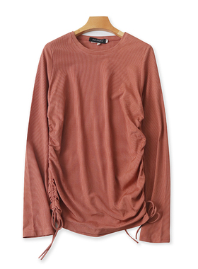 圆领螺纹弹力T恤衫 春秋新款系带时尚打底衫 女外贸套头上衣03103