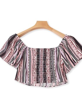 一字肩竖条纹T恤衫 夏季新款短款松紧露脐小衫 外贸短袖上衣16433